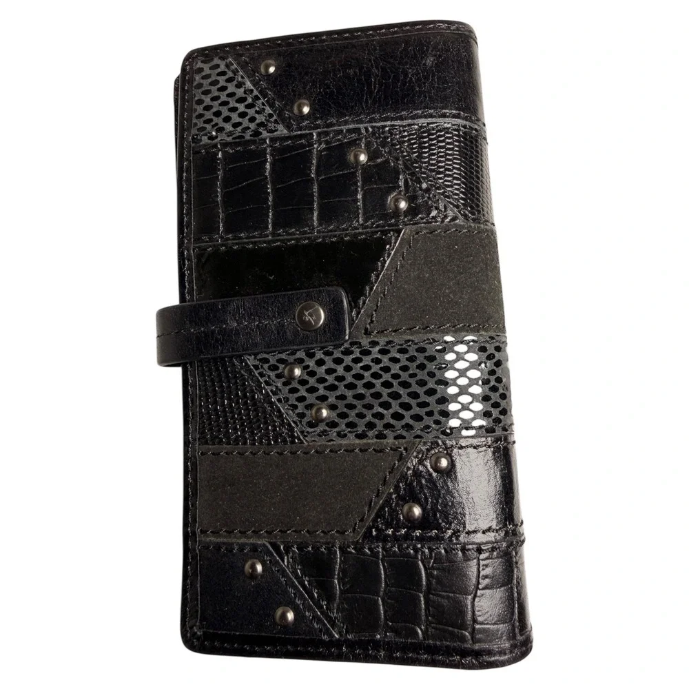 Fossil Patchwork Studded‎ Leather Wallet Clutch Black Snap Closure Zip Pocket